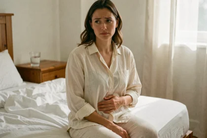 Jeune femme assise sur son lit le matin, la main posée sur son ventre, expression pensive évoquant les premiers signes de grossesse