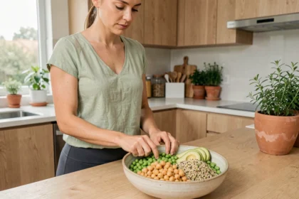 Femme préparant un bol de protéines végétales avec pois chiches, quinoa et avocat dans une cuisine moderne