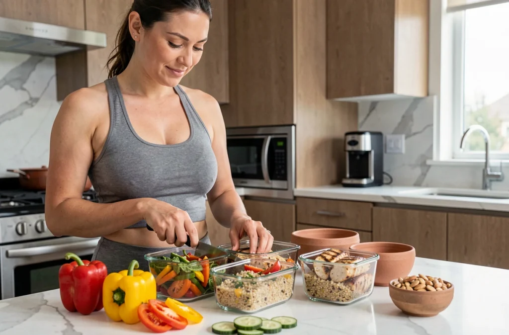 Femme préparant des repas sains sans sucre transformé avec des légumes frais et des protéines pour contrôler son poids