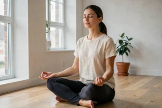 Femme pratiquant la respiration consciente en position assise sur un plancher en bois dans un intérieur minimaliste pour réduire l'anxiété