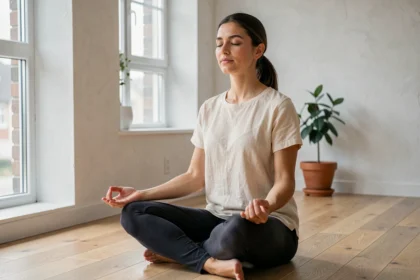 Femme pratiquant la respiration consciente en position assise sur un plancher en bois dans un intérieur minimaliste pour réduire l'anxiété