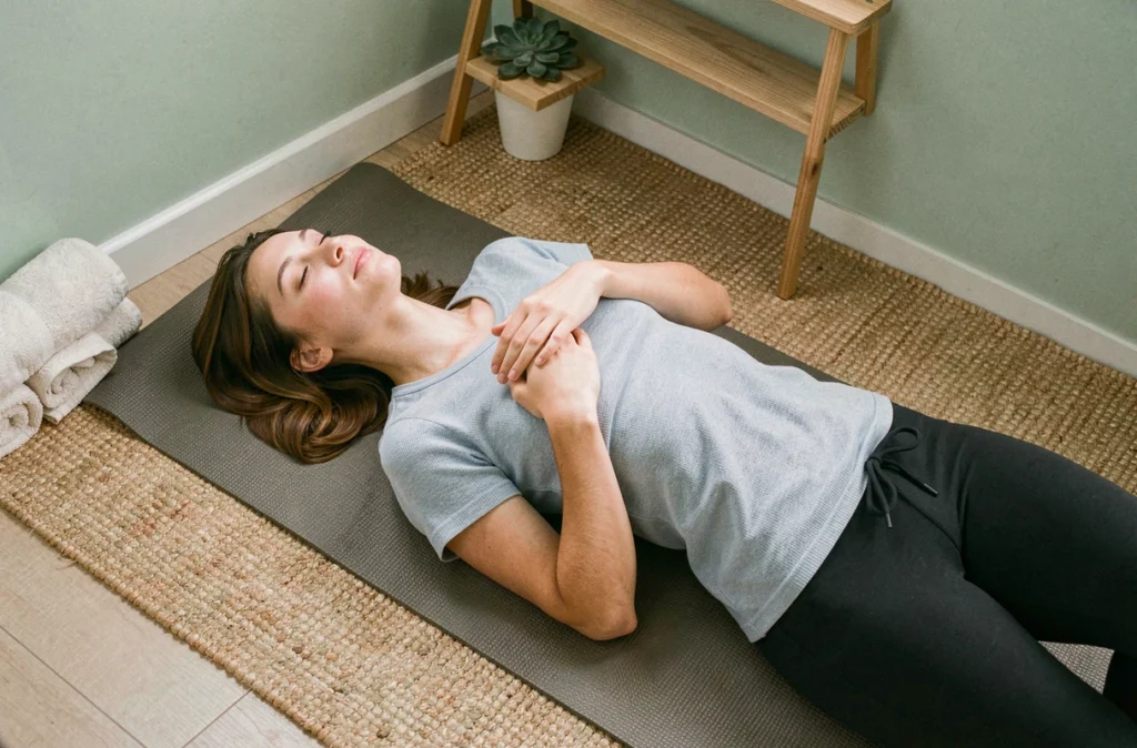 Jeune femme allongée sur un tapis de yoga pratiquant la respiration diaphragmatique consciente dans un espace bien-être à domicile pour réduire l'anxiété