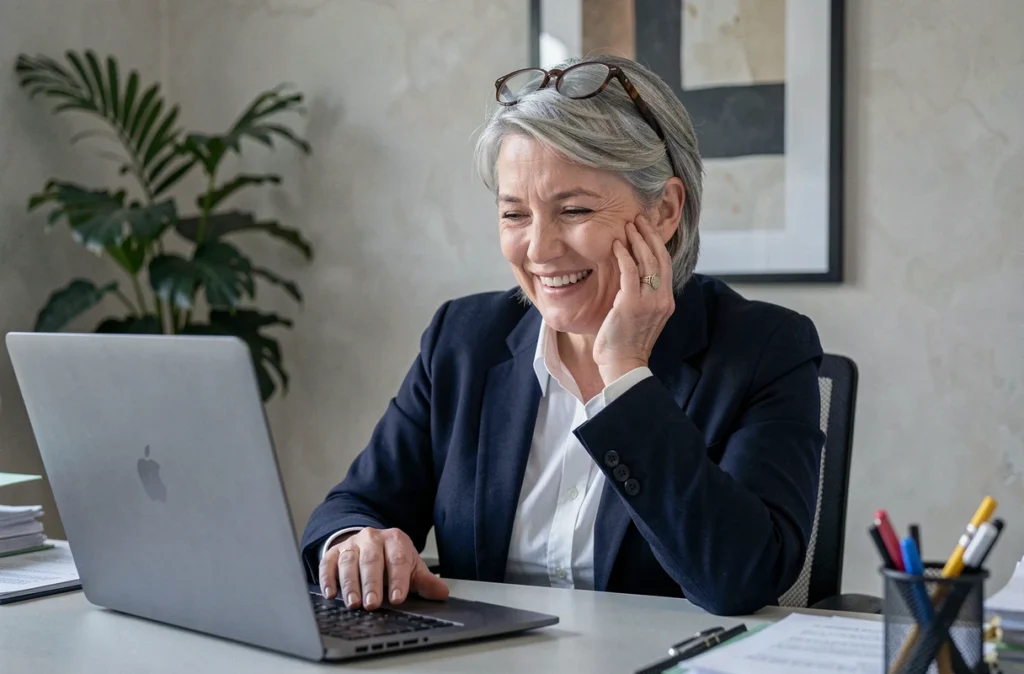 Femme souriante au bureau devant son ordinateur, illustrant l'effet du rire sur la santé mentale au travail