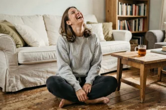 Femme qui rit naturellement chez elle, illustrant les bienfaits du rire contre la fatigue psychique