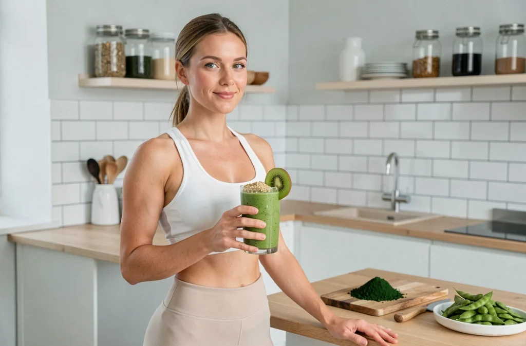 Femme en tenue de sport tenant un smoothie vert aux protéines végétales dans une cuisine scandinave