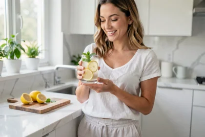 Femme tenant un verre d'eau citronnée dans une cuisine moderne, illustrant les bienfaits minceur de l'eau citronnée au quotidien