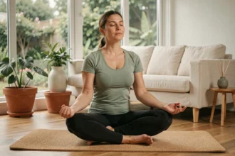 Femme pratiquant le yoga doux en position méditative sur un tapis en liège dans un salon apaisant avec vue sur jardin