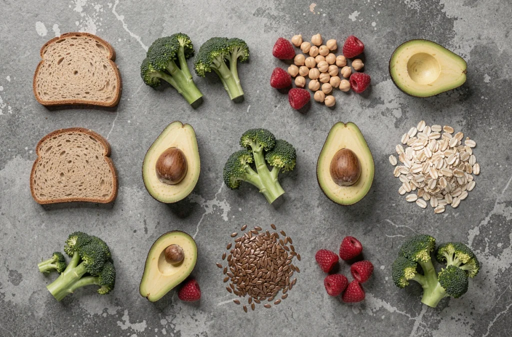 Vue de dessus d'aliments riches en fibres alimentaires dont légumes, légumineuses, céréales et fruits disposés sur fond gris pierre