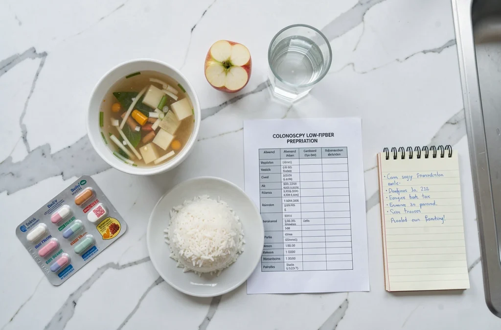 Mise à plat des aliments autorisés, médicaments et documents de préparation pour un régime avant coloscopie sur un plan de travail en marbre blanc