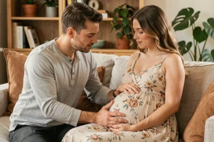 Futur papa agenouillé posant tendrement la main sur le ventre de sa compagne enceinte dans un salon chaleureux