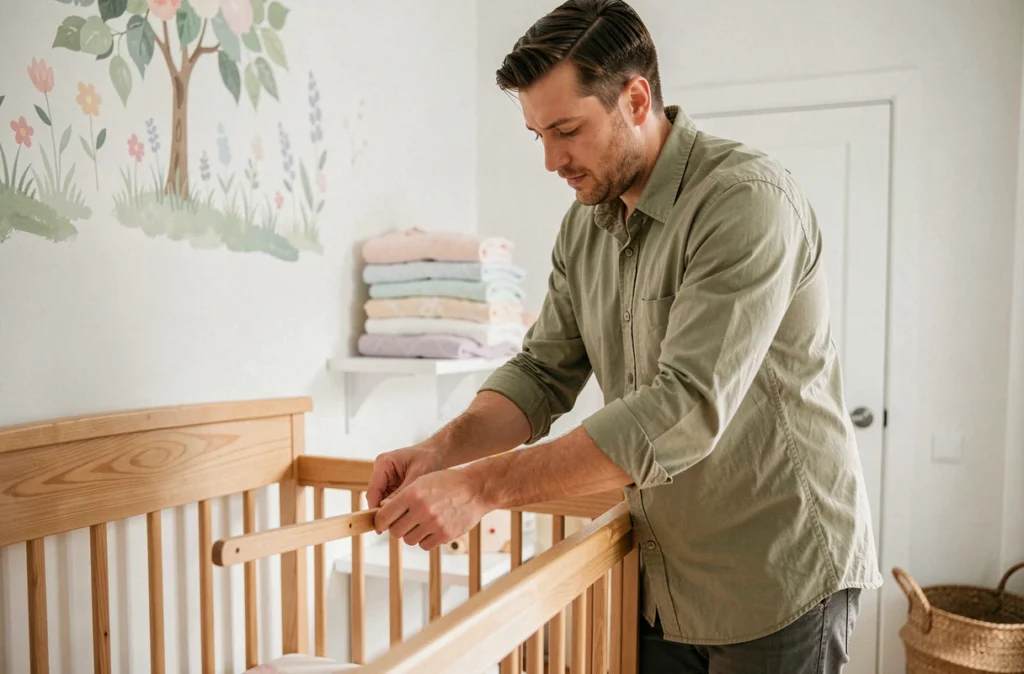 Futur père assemblant un berceau en bois dans une chambre de bébé soigneusement aménagée