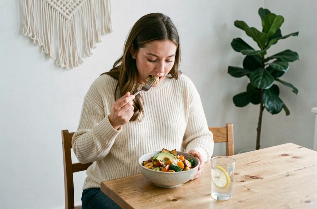 Future maman enceinte attablée devant un repas sain et nutritif à base de légumes rôtis et d'avocat