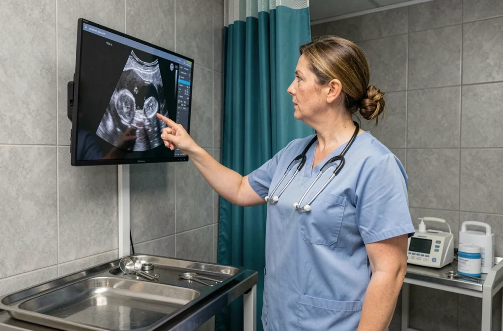 Gynécologue analysant une échographie avant une procédure de cerclage cervical
