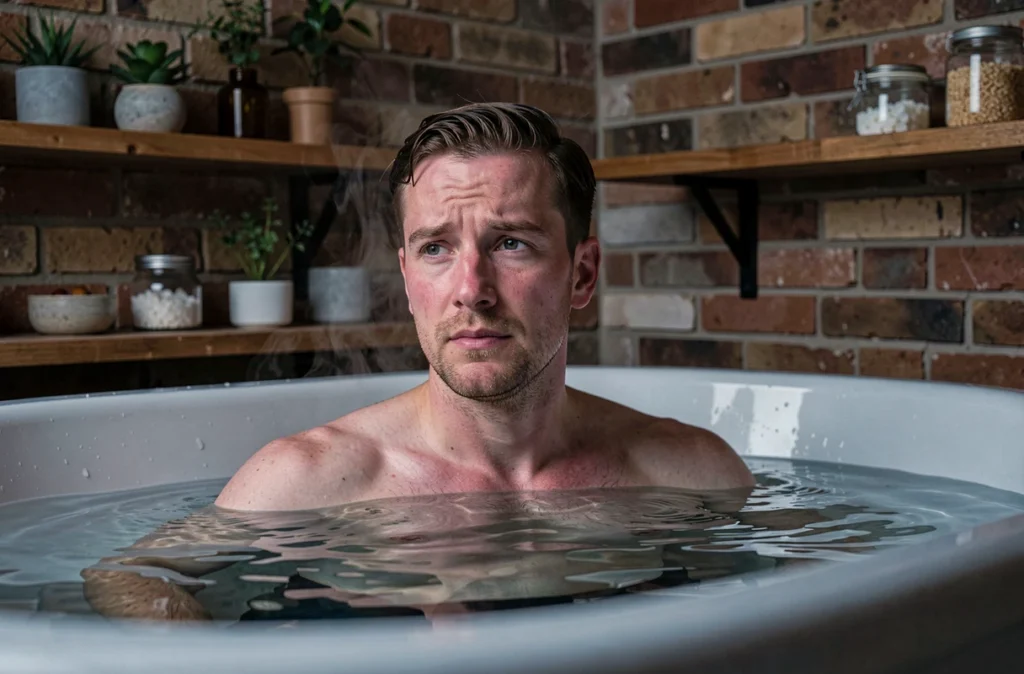 Homme se relaxant dans un bain chaud pour soulager les tensions musculaires après le travail