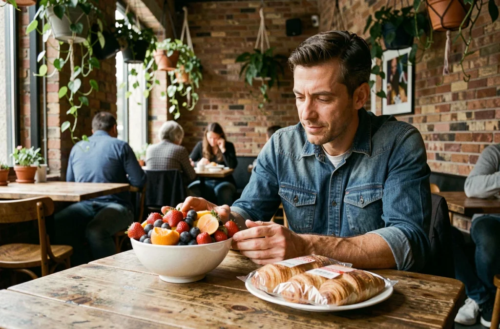 Homme choisissant des fruits frais plutôt que des pâtisseries sucrées dans un café pour mieux contrôler son poids