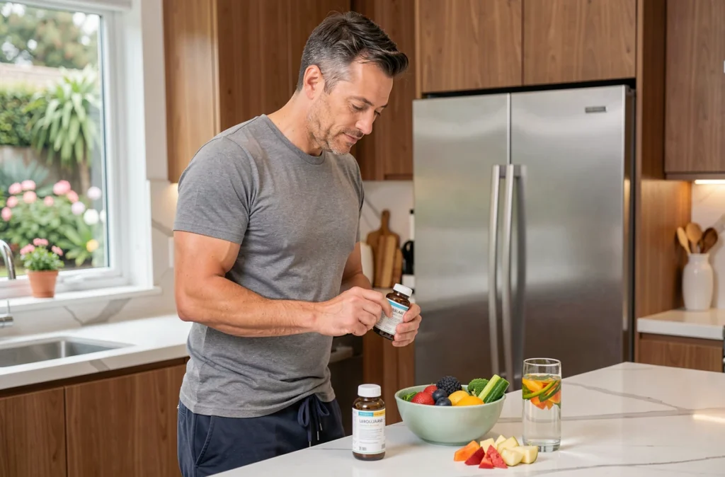 Homme lisant l'étiquette d'un complément alimentaire minceur dans une cuisine moderne avec des aliments sains