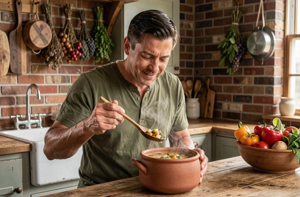 Homme goûtant une soupe de légumes maison dans une cuisine rustique de ferme, illustrant la cuisine légère et réconfortante