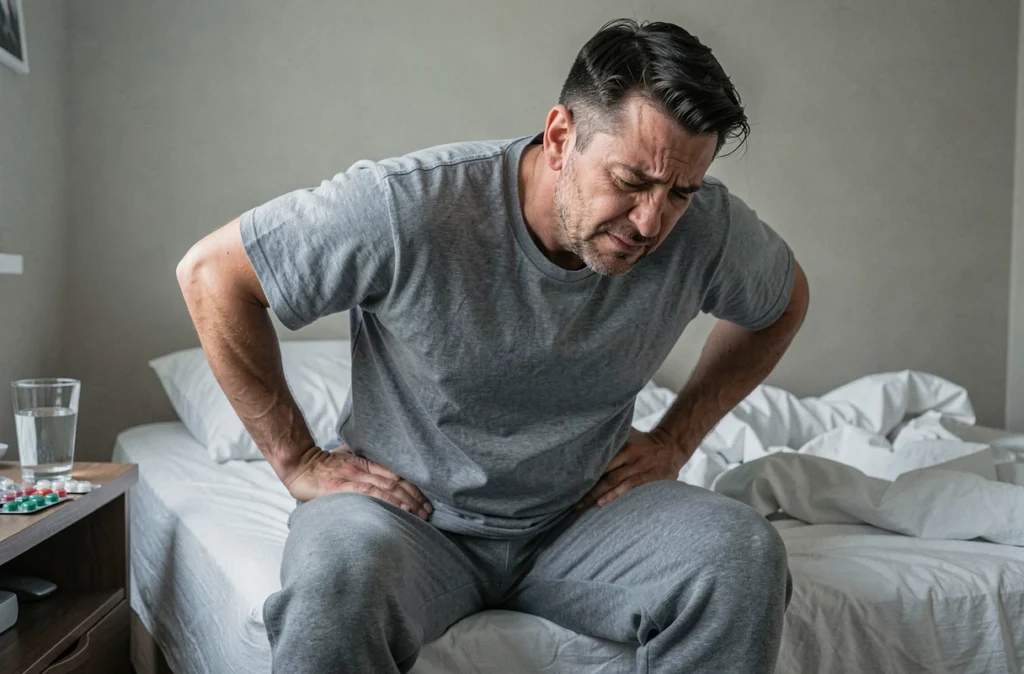 Homme souffrant de douleurs musculaires au réveil, symptôme courant de la fibromyalgie