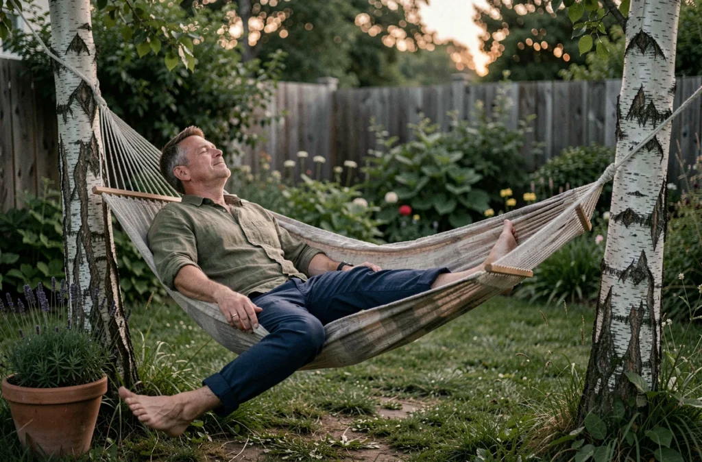 Homme allongé dans un hamac dans un jardin au crépuscule, yeux fermés en pleine relaxation sans téléphone