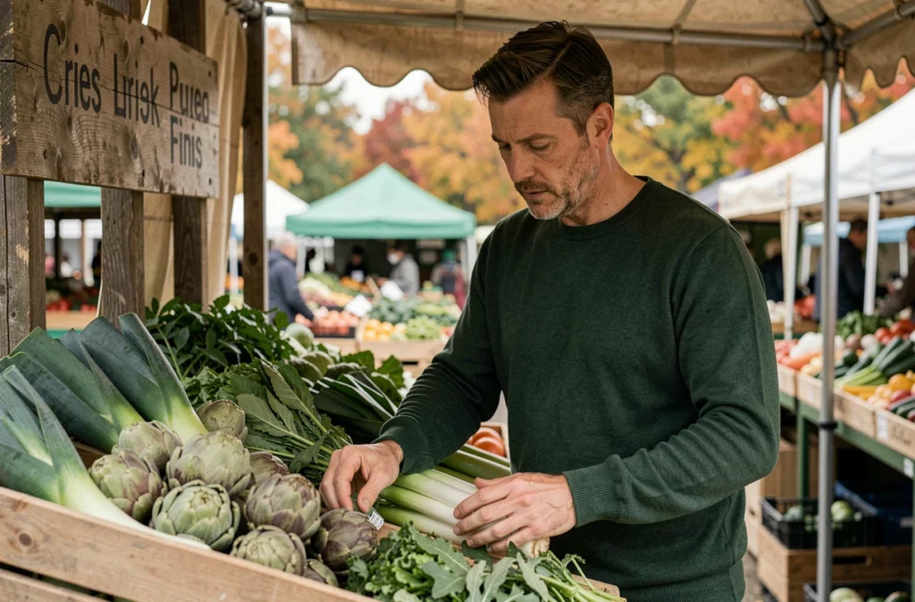 Homme choisissant des légumes frais riches en fibres alimentaires sur un marché en plein air en automne