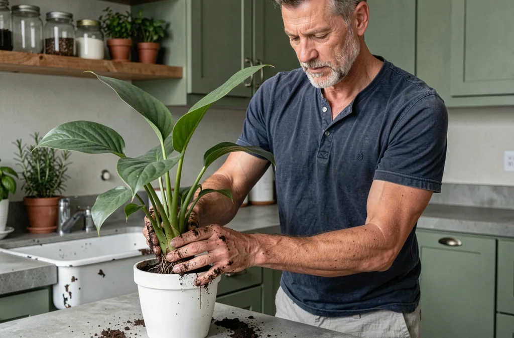 Homme en train de rempoter un spathiphyllum dans une cuisine moderne aux tons verts et béton