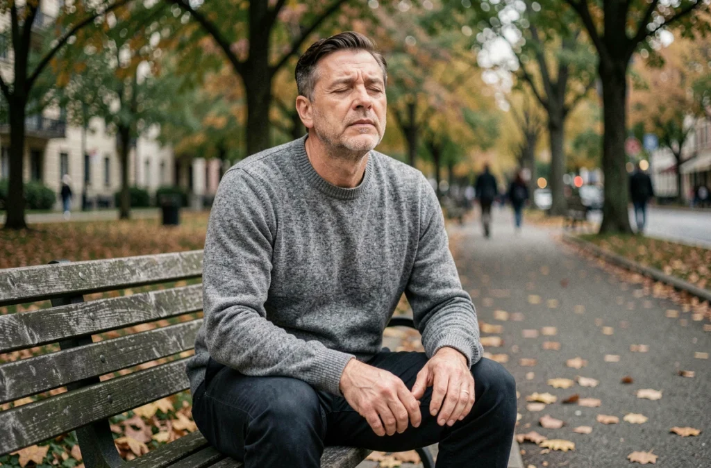 Homme pratiquant des exercices de respiration consciente sur un banc dans un parc urbain en automne pour soulager le stress et l'anxiété