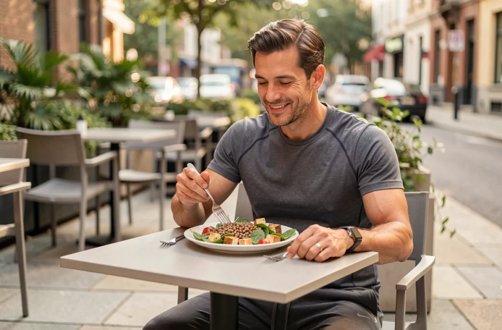 Homme dégustant une salade de lentilles et tofu dans un café en terrasse urbaine