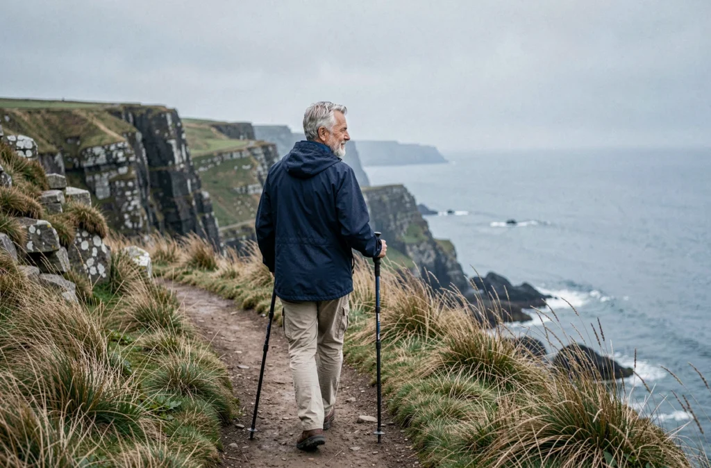 Homme senior marchant sur un sentier côtier sauvage avec des bâtons de randonnée, symbole de l'équilibre physique et mental apporté par la marche régulière en pleine nature