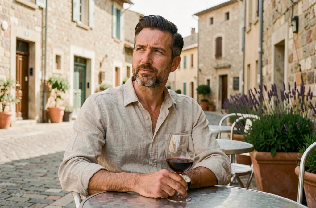 Homme seul en terrasse de café avec un verre de pastis Ricard, évoquant la consommation solitaire d'alcool anisé