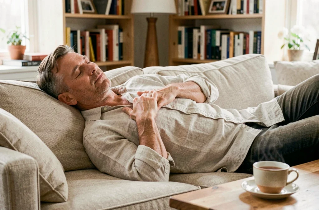 Homme adulte faisant une courte sieste sur un canapé à la maison pour récupérer de la concentration