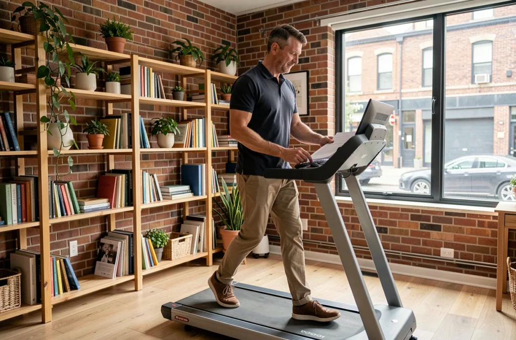 Homme marchant sur un bureau tapis de marche dans un bureau à domicile moderne, représentant une solution active pour dépenser des calories au travail