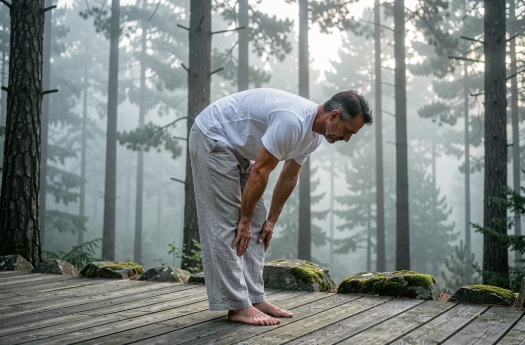 Homme pratiquant une posture de yoga doux en plein air sur une terrasse en bois dans une forêt brumeuse au petit matin