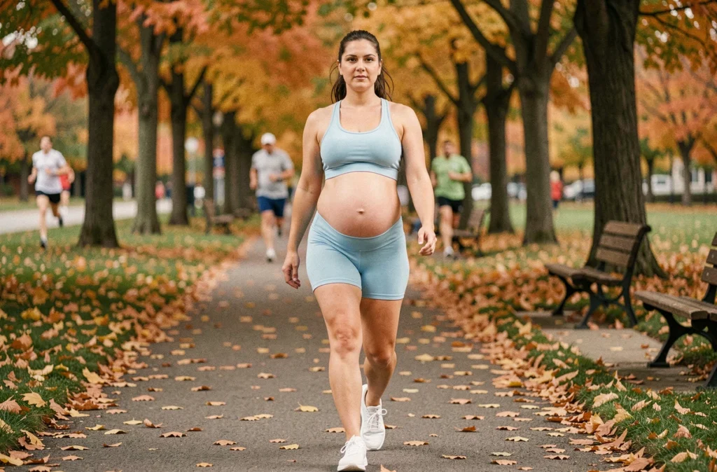 Femme enceinte marchant dans un parc urbain en automne parmi les feuilles colorées