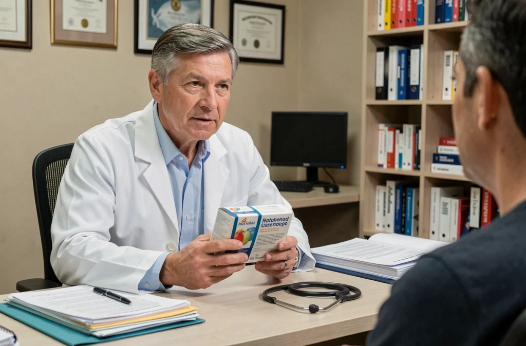 Médecin en consultation expliquant les contre-indications d'un complément alimentaire à son patient