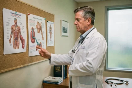 Médecin analysant un schéma du volume sanguin humain dans un bureau médical clinique