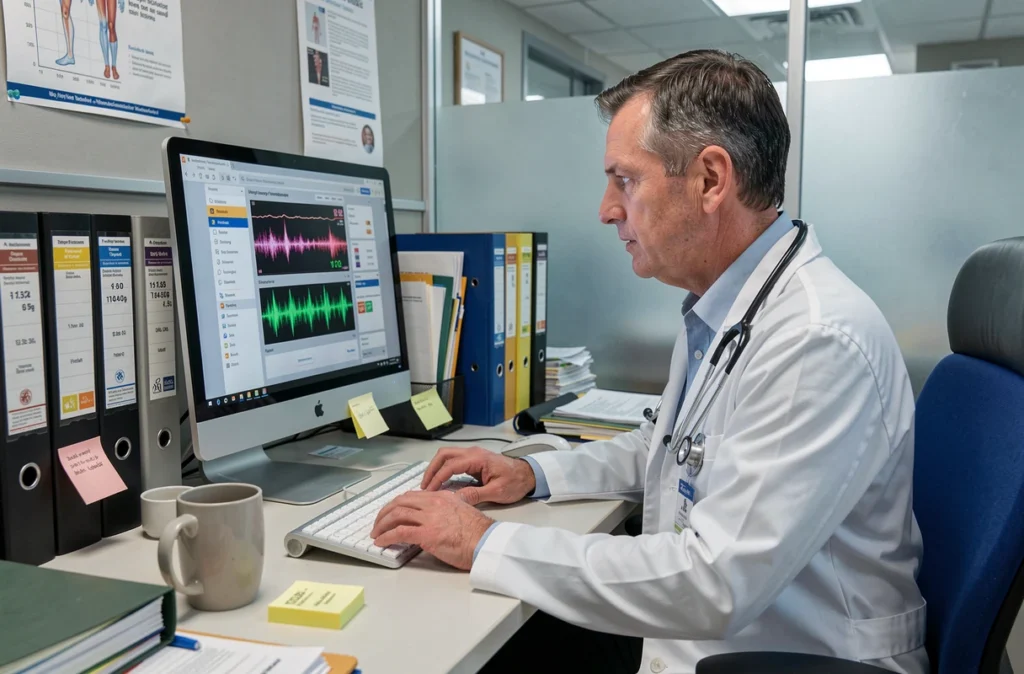Médecin hospitalier consultant un résultat de troponine élevée sur écran informatique dans un bureau médical