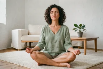 Femme pratiquant la méditation chez elle pour réduire le stress et limiter la prise de poids