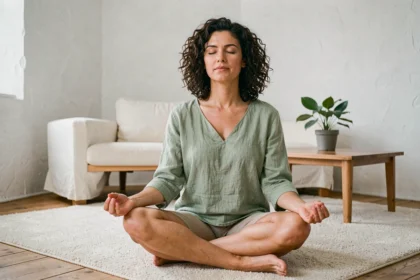 Femme pratiquant la méditation chez elle pour réduire le stress et limiter la prise de poids