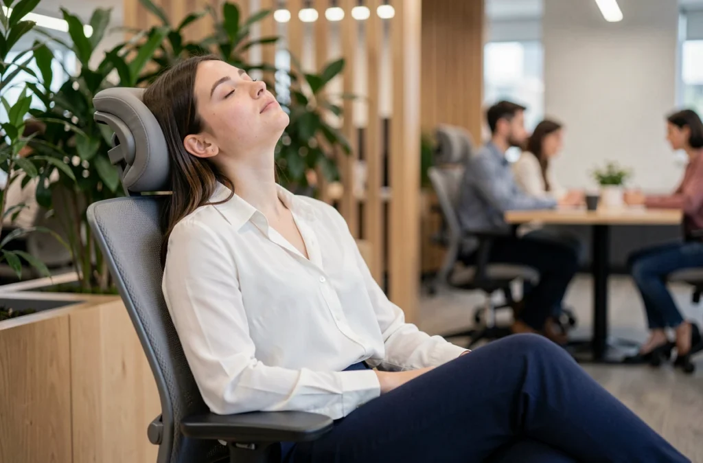 Jeune femme professionnelle en micro-sieste dans une salle de pause d'open-space moderne