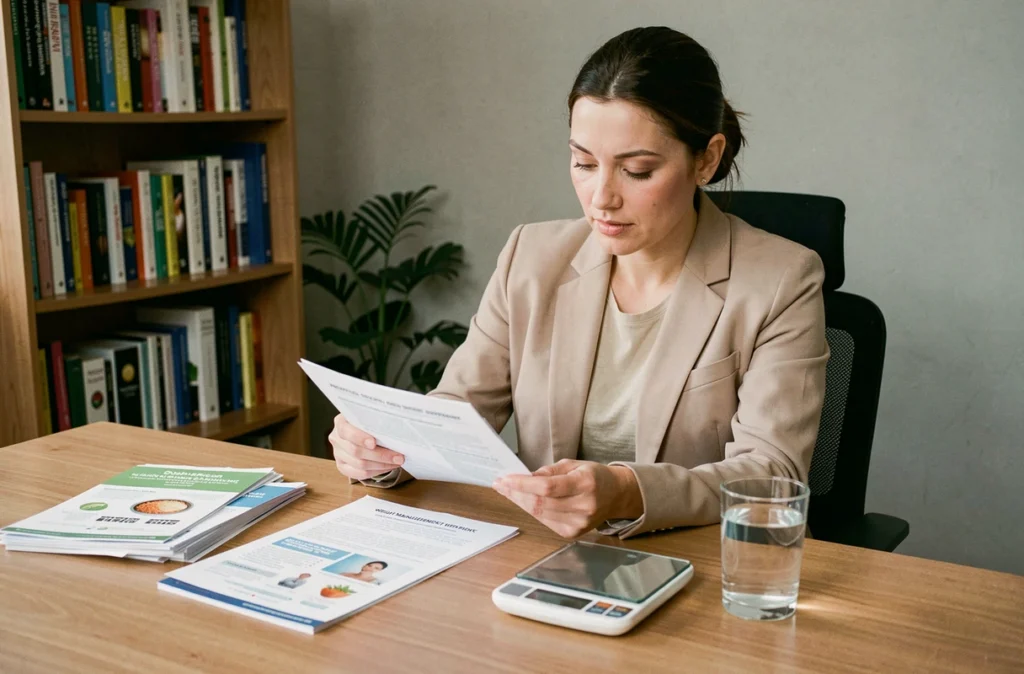 Nutritionniste analysant des informations sur un complément minceur dans son cabinet professionnel