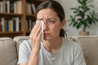 Femme appliquant une poche de glace sur un œil légèrement gonflé après un choc, assise dans un salon calme