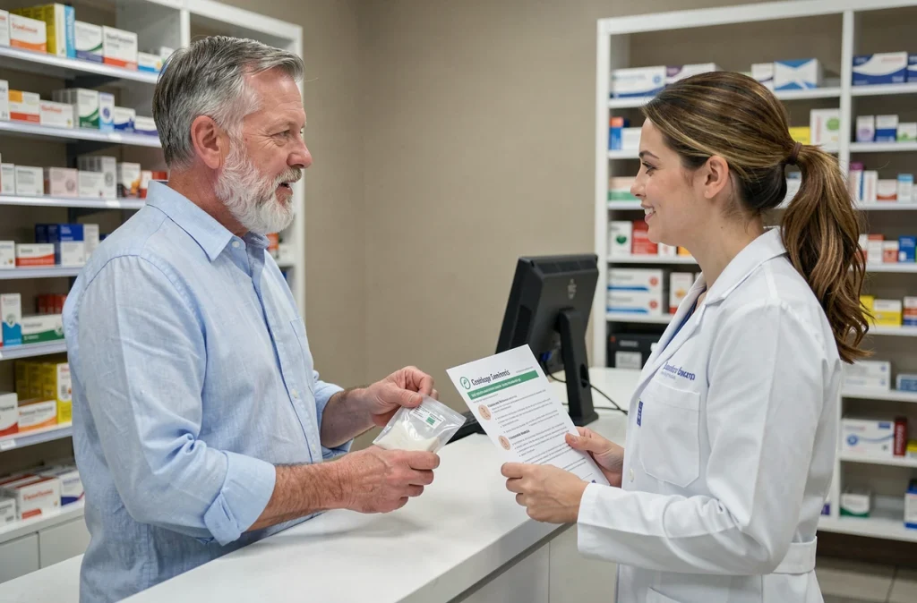 Patient âgé discutant avec une pharmacienne des restrictions alimentaires avant une coloscopie et de la gestion de ses médicaments quotidiens