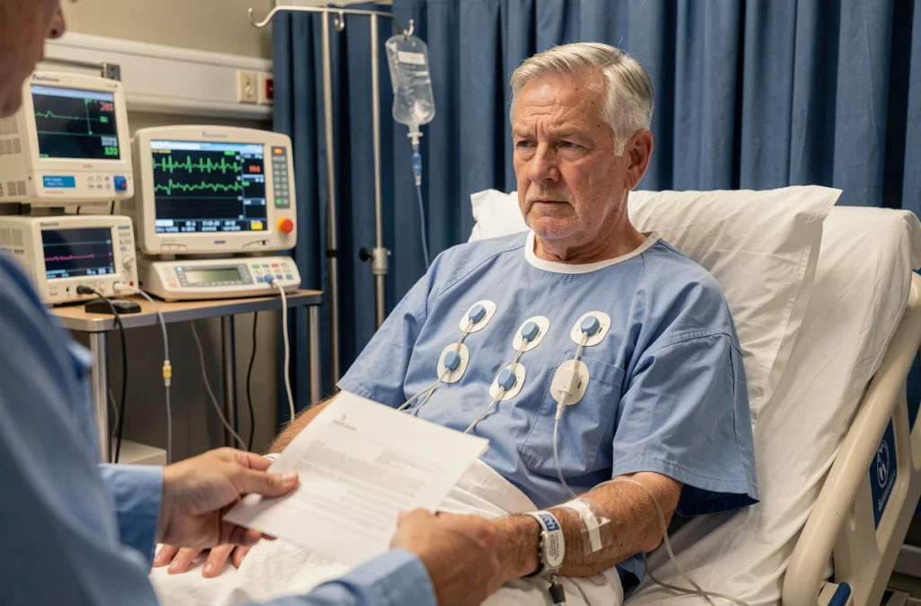 Patient âgé aux urgences avec électrodes ECG lisant ses résultats de troponine dans un box médical