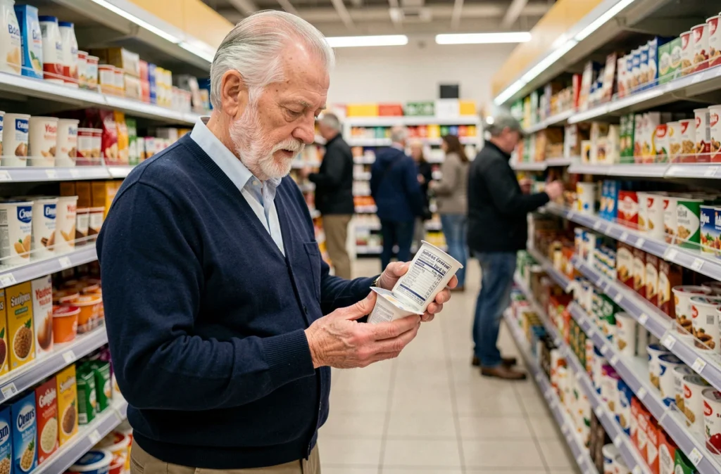 Un homme âgé de 78 ans lit attentivement l'étiquette nutritionnelle d'un produit laitier dans un supermarché, illustrant l'autonomie alimentaire acquise grâce à un suivi nutritionnel