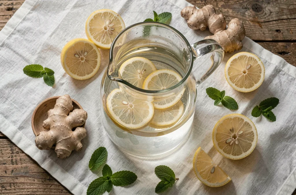 Pichet d'eau citronnée avec citrons frais, gingembre et menthe sur table en bois, boisson minceur naturelle et détox