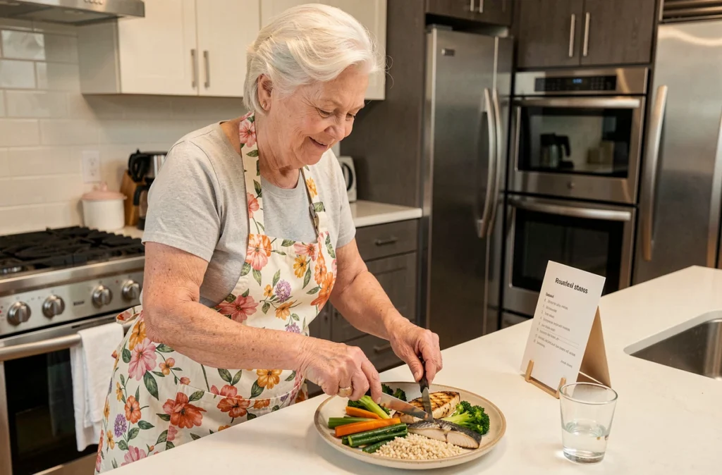 Une femme âgée de 70 ans prépare un repas équilibré et personnalisé dans sa cuisine, en suivant un programme nutritionnel adapté à ses besoins de santé