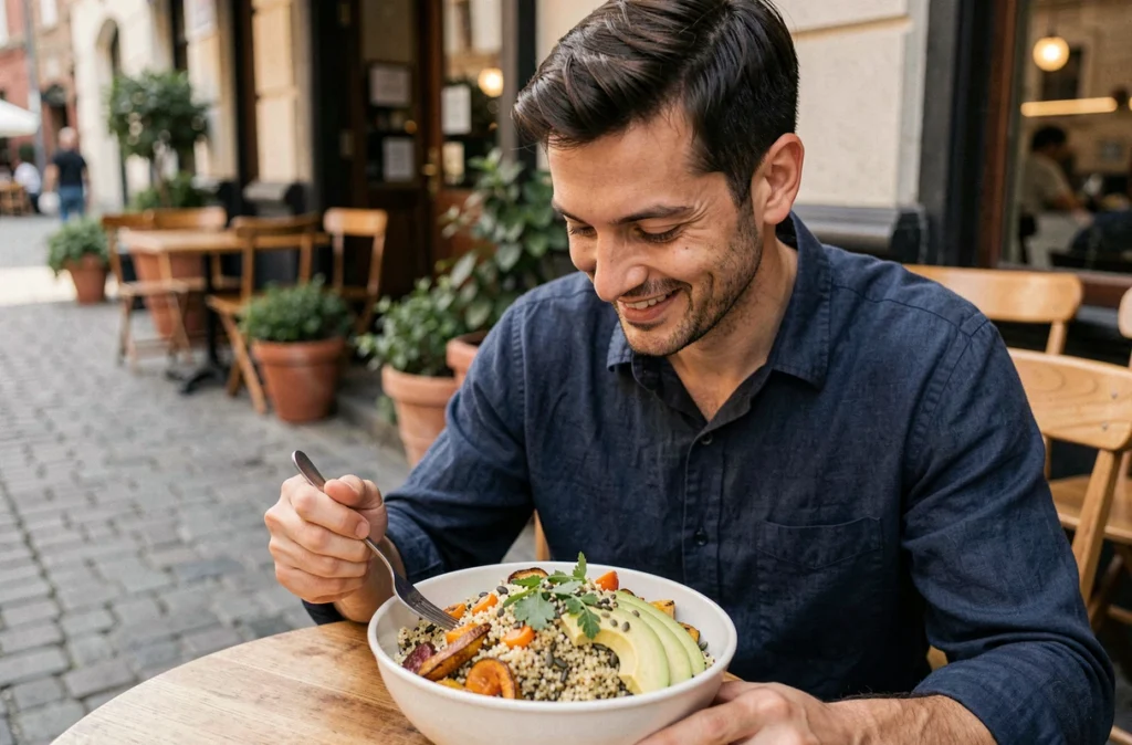 Homme souriant dégustant un bol de céréales et légumes colorés en terrasse de café pour une alimentation équilibrée