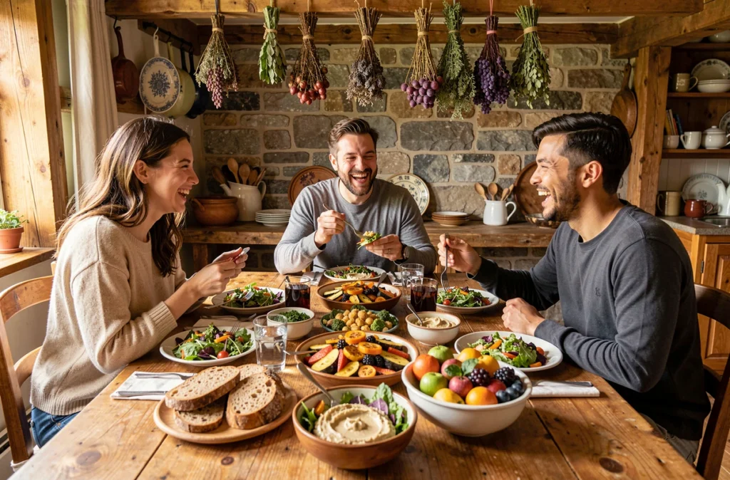 Groupe d'amis partageant un repas varié et coloré autour d'une table rustique pour illustrer la bonne humeur et la vitalité