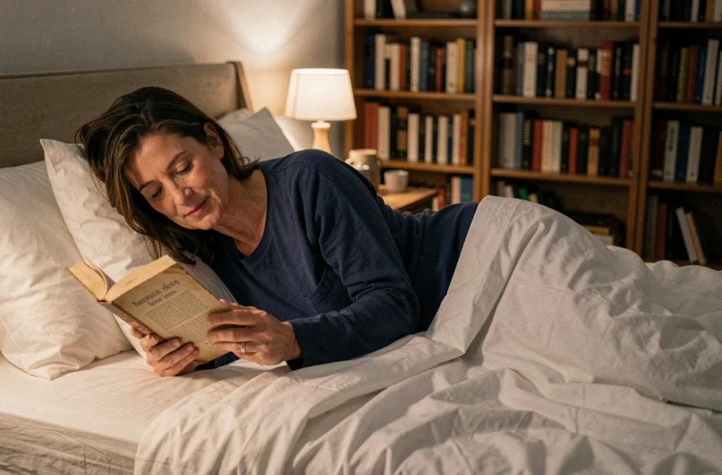 Femme lisant un livre dans son lit le soir pour se détendre avant de dormir dans le cadre d'une routine nocturne