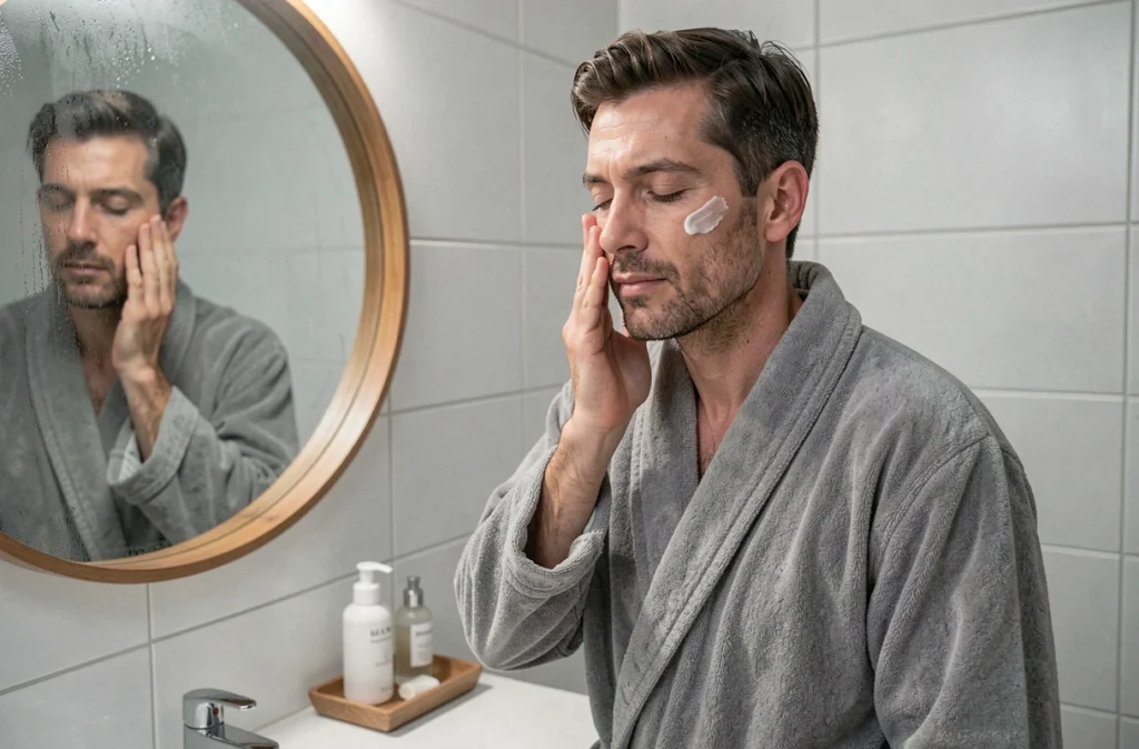 Homme appliquant sa routine de soin du visage dans une salle de bain minimaliste avant de dormir